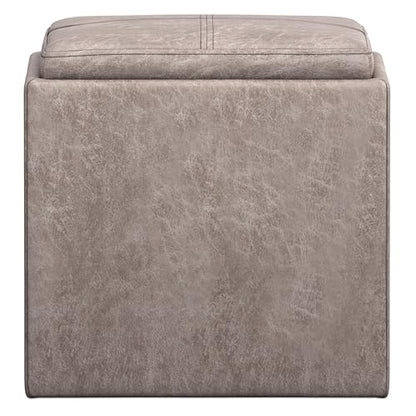 SIMPLIHOME Rockwood Cube Storage Ottoman with Tray - 17" Wide x 17" High Upholstered Vegan Leather Square Storage Ottoman in Distressed Grey Taupe, Contemporary Cube Ottoman with Serving Tray - color: Distressed Grey