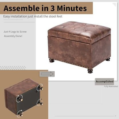 Joveco Leather Storage Ottoman, 24" Rectangle Tufted Square Upholstered Bench, Foot Rest Stool with Wood Legs, Footstool for Living Room Bedroom, Coffee - color: Coffee