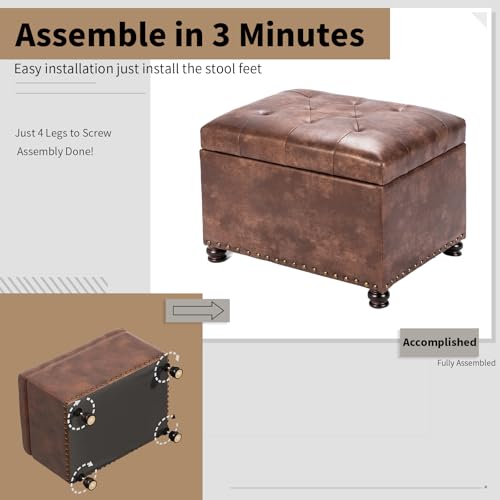 Joveco Leather Storage Ottoman, 24" Rectangle Tufted Square Upholstered Bench, Foot Rest Stool with Wood Legs, Footstool for Living Room Bedroom, Coffee - color: Coffee