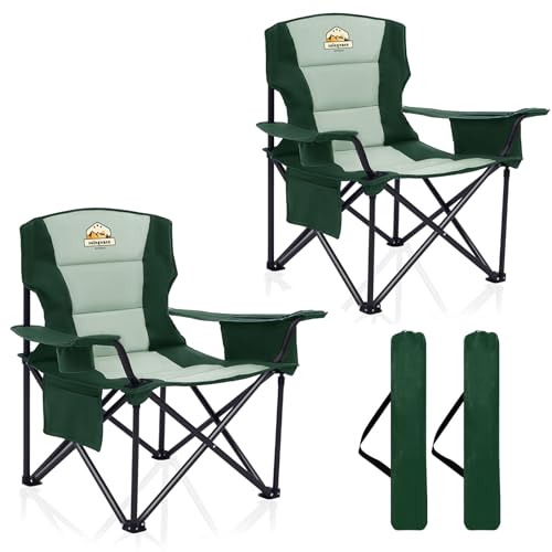 Colegence Heavy Duty Camping Chairs for Adults Set of 2, Oversized Heavy People Foldable Padding Outside Camp Chairs, with Cooler Bag Cup Holder, Side Pocket for Lawn,Sport,Outdoor,Dark Green - color: Dark Green, style: Twin Pack