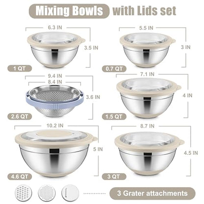 E-far Mixing Bowls with Lids Set, 15PCS Stainless Steel Mixing Nesting Bowl with Colander & 3 Metal Grater for Kitchen Prep/Baking/Storage, Non-Slip Bottom & Airtight Lid, 4.6, 3, 1.5, 1, 0.7QT, Khaki - color: Khaki
