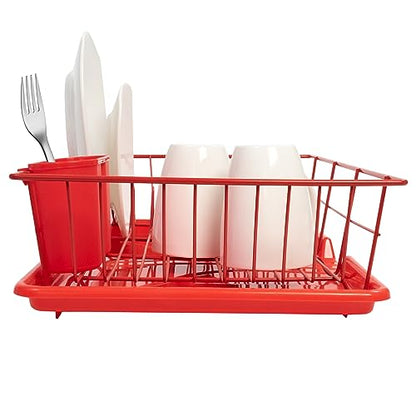 Sweet Home Collection Space-Saving 3-Piece Dish Drainer Rack Set: Efficient Kitchen Organizer for Quick Drying and Storage - Includes Cutlery Holder and Drainboard - Maximize Countertop Space, Red - color: Red