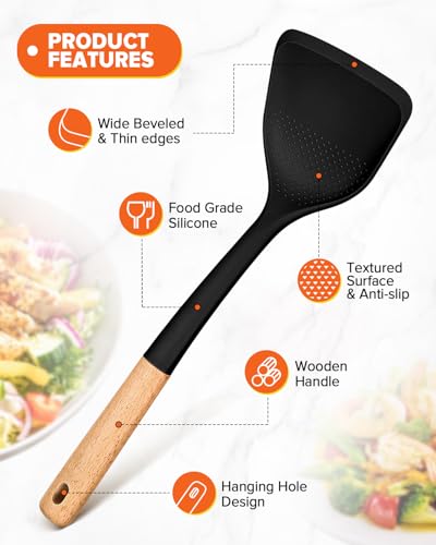 Silicone Cooking Utensils Set, Perfectly Angled for Frying, Mixing,Serving,Draining,Turning and Stirring, BPA-Free Matte Silicone, Wood Handles, Safe for Nonstick Cooking Surfaces,4 Pack (Black) - color: Black