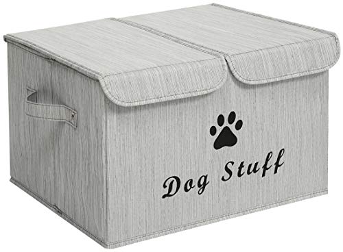 Large Dog Toys Storage Box Canvas Storage Basket Bin Organizer with Lid - Collapsible Linen Bin Ideal for Organizing Dog Cat Toys and pet Stuff-PP Boad-17" x 12" x 10" - Slub Gray - color: Slub gray