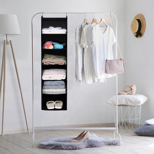 MAX Houser 6 Tier Shelf Hanging Closet Organizer, Closet Hanging Shelf with 2 Sturdy Hooks for Storage, Foldable (Black) - color: Black