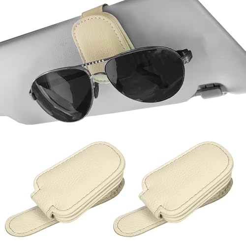 Sunglass Holder for Car Visor, Magnetic Leather Sunglasses Holder and Ticket Card Clip for Car - color: Beige