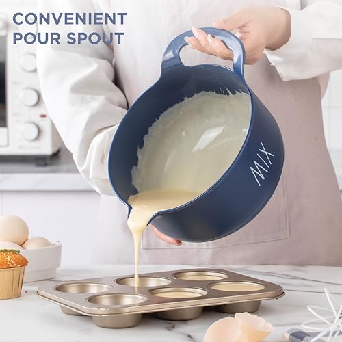 Rae Dunn Non-Slip Mixing Bowls - 4 Piece Nesting Plastic Mixing Bowl Set with Pour Spouts and Handles-Measurement Markings (Cream) - color: Cream
