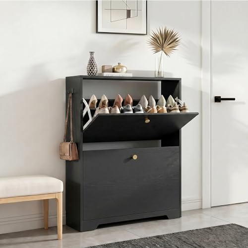 Nicetree Shoe Cabinet with 2 Flip Drawers, Narrow Shoe Organizer Cabinet, Freestanding Shoe Rack Cabinet, Modern Shoe Storage Cabinet for Entryway, Hallway, Foyer, Black with Hook - color: Black, style: 2-Drawers with Hook