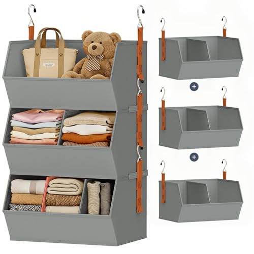 Hanging Closet Organizer Extra Large, Clothes Hanging Shelves for Closet with Divider, Collapsible Closet Storage System, Fabric Storage Bins for Home, Dorm, Rv, Sweaters, Handbags, Underwear, Sock - color: Grey, size: 15.75 × 12.20 × 9.44. - 3 Pack