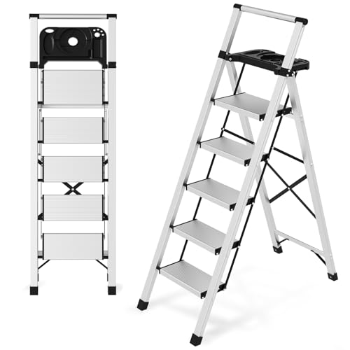 5 Step Ladder with Tool Tray - 600lbs Heavy Duty Lightweight Step Stool with Extended Handrails, Work Platform for Home Maintenance & DIY Projects - size: 5steps with tray