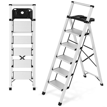 5 Step Ladder with Tool Tray - 600lbs Heavy Duty Lightweight Step Stool with Extended Handrails, Work Platform for Home Maintenance & DIY Projects - size: 5steps with tray