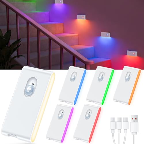 WILLED Stair Lights Indoor, RGB & Warm White Motion Sensor Night Light, Color Changing Motion Sensor Light Indoor, Rechargeable Night Light for Stair,Hallway,Bathroom,Cabinet,Closet,Kitchen,6 Pack - color: White, size: 6 Pack