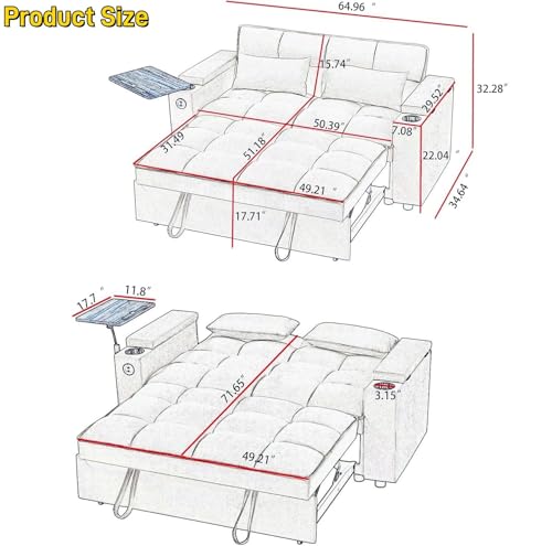 oaaktu ﻿ 65''Convertible Sleeper Sofa Bed,3-in-1 Pull Out Couch Bed with 360 Degree rotatable Side Table and USB Ports for Living Room,RV (07Black) - color: 07black