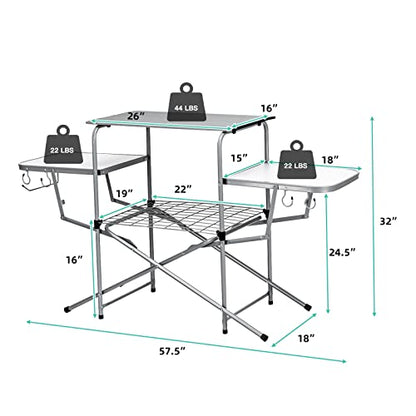 Goplus Folding Grill Table, Aluminum Camping Table with 26'' Main Tabletop, Hooks and Carry Bag, Portable Picnic Table Grill Stand for Outdoor Tailgating BBQ Beach Backyard RV