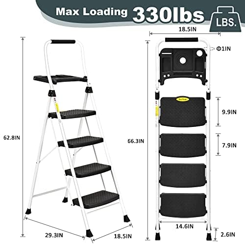 SocTone 4 Step Ladder, Folding Step Stool with Tool Platform, Sturdy& Portable Steel Ladder for Adults, 330LBS Capacity Ladder for Home Kitchen Pantry Office - size: 4-Step