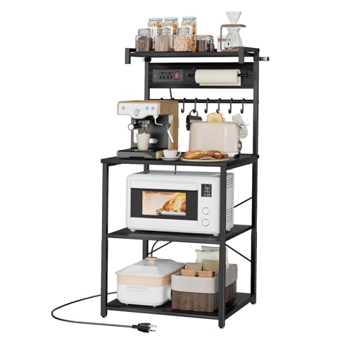 VEVOR Kitchen Bakers Rack with Power Outlets, 23.6 x 15.7 x 55.1 Inch Microwave Stand with Built-in Power Strip & 4.6 Ft Cord, 8 S-Shaped Hooks, for Dish Storage, Spice Jars, Coffee Bar Organization - size: 23.6 x 15.7 x 55.1
