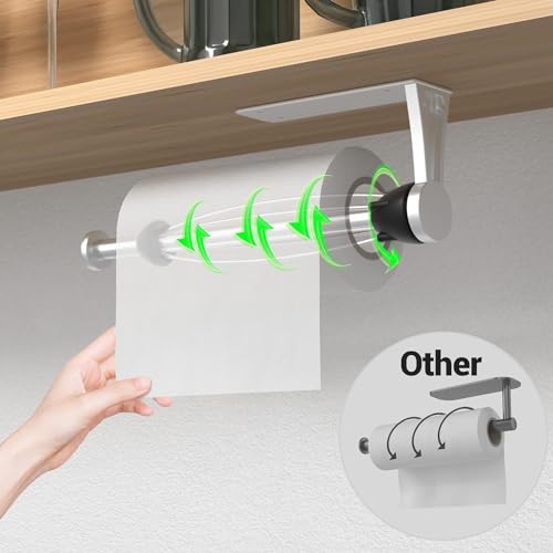 Paper Towel Holder Under Cabinet with Damping Effect, Single-Hand Operable Wall Mount Paper Towel Holder for Kitchen/Bathroom, Under Counter Self-Adhesive/Drilled Kitchen Towel Holder - color: Silver