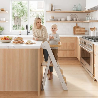 COSYLAND Foldi Foldable Toddler Kitchen Stool - Adjustable Height Toddler Standing Tower with Net & Safety Feet, IF Award-Winning Wooden Learning Step Tower for Kids 18M-6Y, White & Natural - color: White & Natural