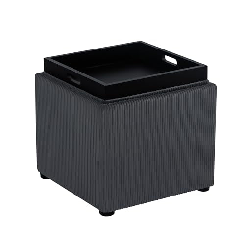 Adeco 17" Corduroy Storage Ottoman with Reversible Tray Lid, Modern Square Footstool for Living Room, RV & Dorm, Sturdy 355lbs Capacity Coffee Table & Side Table, Gray - color: Gray Corduroy With Tray