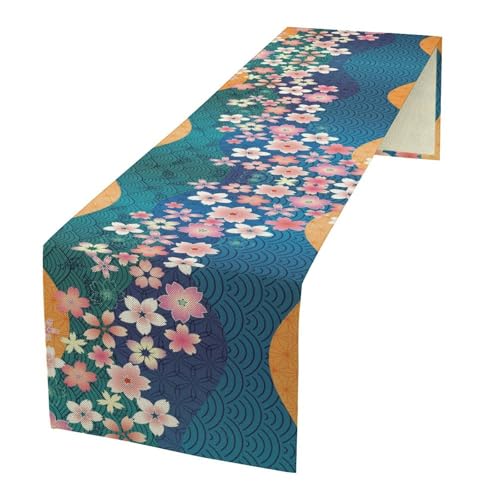 Japanese Cherry Blossoms Table Runner Seasonal Spring Asian East Decor for Indoor Outdoor Party Dinner Festival Farmhouse Holiday Dining Room Home Kitchen Restaurant, 13x36in - color: Cherry-blue, size: 13x36in
