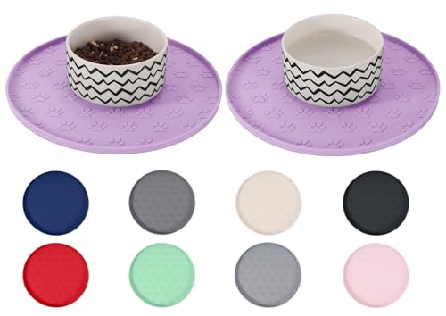 Comtim Waterproof Dog Food Mat - 2 Pack Silicone Pet Food Mat Dog Food Bowl Mats Cat Water Mats Eating Tray, Non-Slip Pet Placemat with Lip for Messy Drinkers to Protect Floor, Lavender 11"×11" - color: Lavender