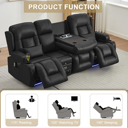 URRED Power Loveseat Recliner Sofa with Massage and Heat, Wall Hugger Reclining Loveseat with Console, RV Couch Home Theater Seating with LED Lights for Living Room (Black, 89.8" - 3 Seats) - color: Black, size: 89.8" - 3 Seats