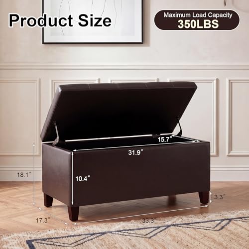 Asense Storage Ottoman Bench, 33" Faux Leather Upholstered End of Bed Bench with Safety Hinge,Wooden Legs,for Entryway Bedroom Living Room,Chocolate Brown - color: 33" Chocolate Brown Faux Leather
