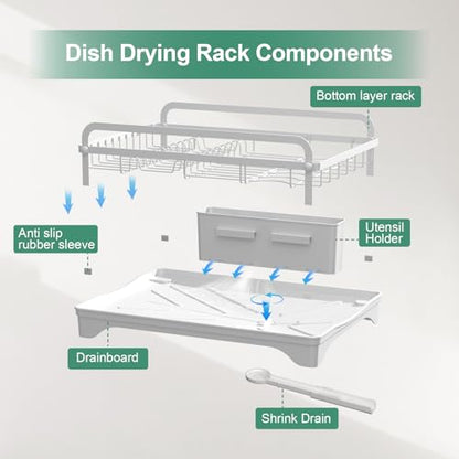 Dish Drying Rack,Dish Racks for Kitchen Counter, Metal Dish Drainer with Adjustable Drainage Spout, Removable Knife and Fork Holder (White) - color: 1 Tier - White