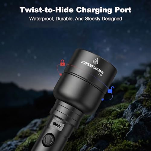 SuperFire Rechargeable Flashlight High Lumens 3000LM, Powerful LED Flashlight with 6 Modes, USB Charging, IP46 Waterproof, Long Runtime for Home Emergency, Outdoor Camping, Hiking&Tactical Use