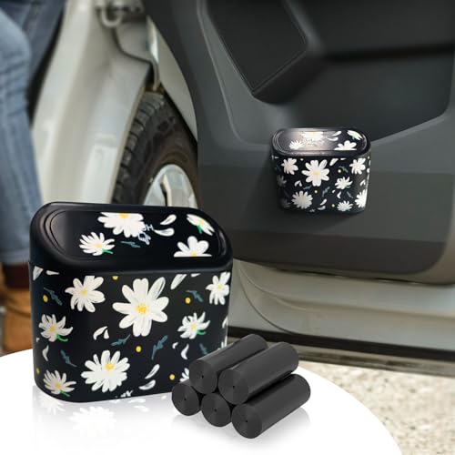 Mini Car Trash Can with Lid – Cute Floral Car Interior Accessory with 5 Trash Bags, Small Automotive Organizer for Front and Back Seat, Universal Fit Trash Bin for SUV, Sedan, Truck, Office or Home - color: Black