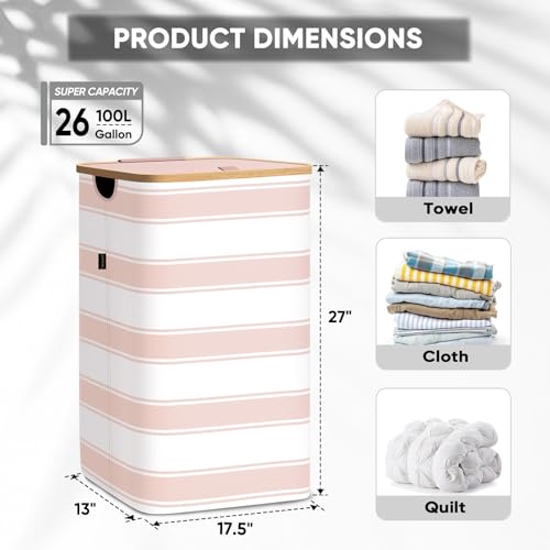 BALEINE Laundry Hamper with Lid, Tall Laundry Baskets with Bamboo Pull Handles, Large Laundry Bin with Internal Support (26 Gal/100L, Pink Stripe) - color: Pink Stripe, size: 100 liters