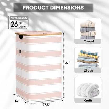 BALEINE Laundry Hamper with Lid, Tall Laundry Baskets with Bamboo Pull Handles, Large Laundry Bin with Internal Support (26 Gal/100L, Pink Stripe) - color: Pink Stripe, size: 100 liters