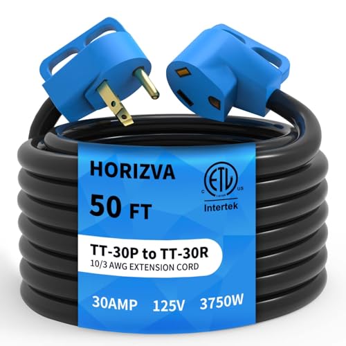 30 Amp RV Extension Cord 50 FT, Outdoor Extension Cord with Grip Handle, Heavy Duty 10/3 Gauge STW RV Power Cord with Cord Organizer, 3 Prong TT-30P to TT-30R Connecter, ETL Listed