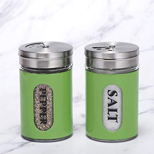 Salt and Pepper Shakers Stainless Steel and Glass Set with Adjustable Pour Holes (Green) - color: Green