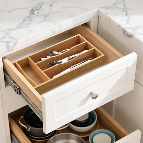 Small Silverware Organizer, Bamboo Kitchen Drawer Cutlery Organizer, Utensil Holder, Flatware Organizer Tray (6.7"x14.2"x1.6") - size: Small