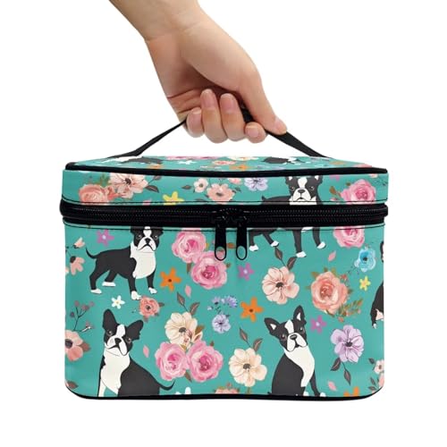 Cosmetic Bags Pug Dog Flower Printed Makeup Organizer Case for Women Ladies Multifunctional Toiletry Bursh Holder Purse Bathroom Receive Bag - color: Pug Dog Flower