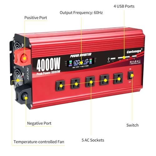 Cantonape 4000W Power Inverter 12V to 110V/120V DC to AC with LCD Display, Remote Controller 5 x AC Outlets and 4 x 3.1A USB Car Adapter for Car Truck Boat RV Solar System - size: 4000W-12V