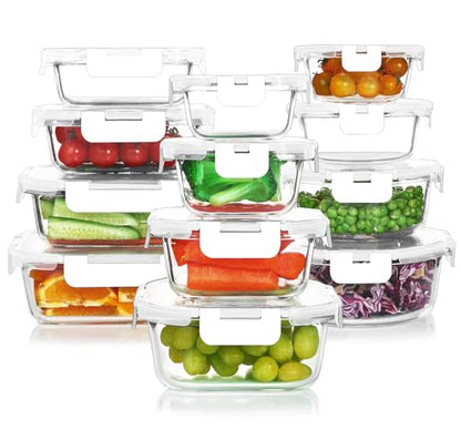 KOMUEE 24 Pieces Glass Food Storage Containers Set, Meal Prep Containers, BPA-Free Airtight Glass Storage Containers with lids,Freezer, Microwave and Oven Safe,White - color: White