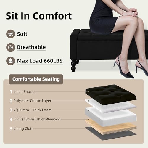 50" W Storage Ottoman Bench with Safety Hinge, Load up to 660 lb Ottoman with Storage, Upholstered Tufted Entryway Bench with Seating for Living Room, Bedroom, Entryway, Black - color: Black