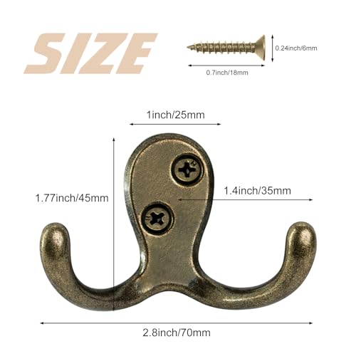 Homanu 14 Pack Coat Hooks, Heavy Duty Double Prong Coat Hooks Wall Mounted with 28 Screws, No Rust Antique Brass Metal Wall Hooks for Hanging Towel, Coat, Bag, Hat, Cup, Key - color: 14 Pcs Antique Brass