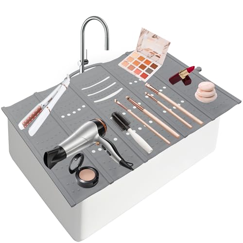 Mofason Large Bathroom Sink Makeup Mat Space Saver,Silicone Makeup Organizer Cover for Over Countertop,Small Bathroom Must Haves Accessories Rv Camper Travel Foldable Gadgets-Grey. - color: Gray, size: 23.5 x16.7 inch