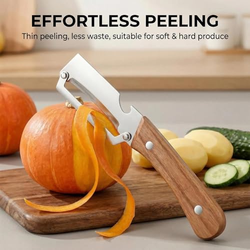 NEW Premium Vegetable Peeler with Wooden Handle and Bottle Opener: 2-in-1 Stainless Steel Kitchen Tool for Fruit Apple Potato Pumpkin Papaya (1Pcs) - color: 1Pcs