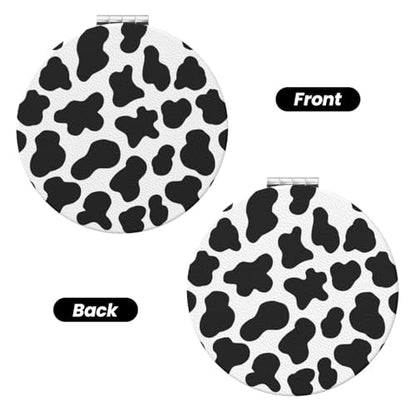 Animal Cow White Black Spot Print Foldable Travel Pocket Mirror Round PU Leather Portable Mini Makeup Double Sided Handheld Magnifying,2.6 in - color: Animal Cow Print White Black Spot