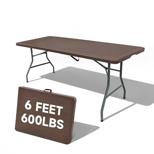 Folding Table 6 Foot, HDPE Wood Grain Pattern,Heavy Duty 600 lbs Capacity, Sturdy Design with Safety Lock, Portable & Foldable for Camping, Party, Indoor & Outdoor Use, 2 Pack. - color: Brown-wood Grain, size: 6FT-2 PACK, style: Heavy Duty