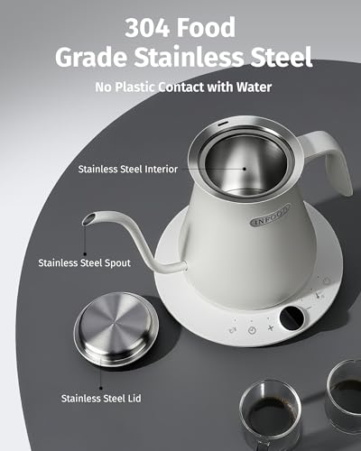 INFOOD 0.8L Gooseneck Electric Kettle, Precise Temperature Control for Pour Over Coffee & Tea, 1200W Fast Boiling Water, Auto Shut Off, Scheduling, Stainless Steel, White - color: White