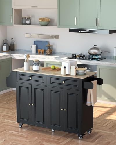 Qsun Kitchen Island with Storage, Kitchen Cart on 5 Universal Wheels, Mobile Kitchen Island with Rubber Wood Top and Side Rack (Black) - color: Black