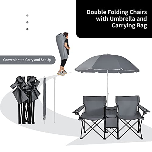 Goplus Double Camping Chair with Umbrella, Folding Loveseat Chairs w/Canopy Shade, Carrying Bag, Table, Cup Holder, Portable Beach Chairs Outdoor Picnic Patio (Grey) - color: Grey