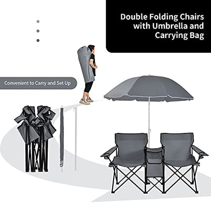 Goplus Double Camping Chair with Umbrella, Folding Loveseat Chairs w/Canopy Shade, Carrying Bag, Table, Cup Holder, Portable Beach Chairs Outdoor Picnic Patio (Grey) - color: Grey