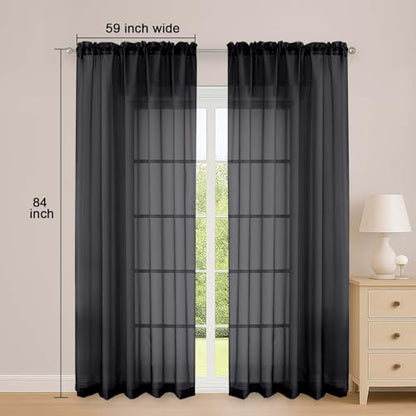 OWENIE Sheer Curtains 84 Inches Long 2 Panels Set, Black Sheer Curtain for Living Room Bedroom, Modern Filmy Rod Pocket Curtains Drapes, 2 Pcs, Each 59 W x 84L, Black - color: Black, size: 59"W x 84"L (Pack of 2)
