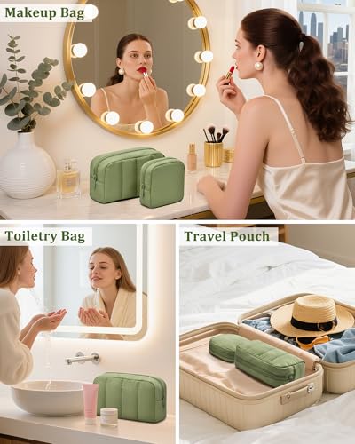 oscaurt 2 Pcs Makeup Bag Travel Toiletry Bag for Women Puffy Padded Cosmetic Pouch Purse Wide-open Makeup Organizer Case Travel Essentials - color: Army Green-Set